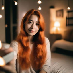 A woman with long orange hair taking a selfie in her bedroom at night