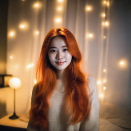 A woman with long orange hair taking a selfie in her bedroom at night