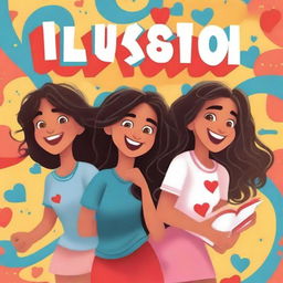 Create a book cover featuring three excited girls and three boys