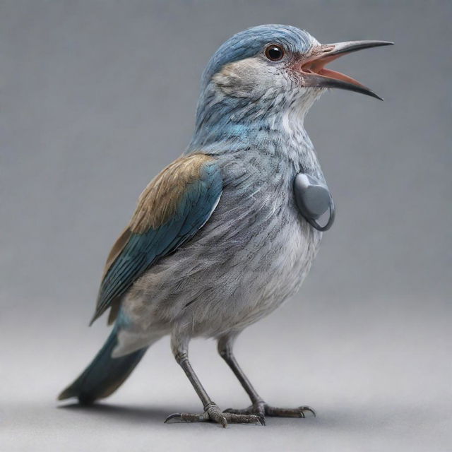 A detailed, realistic bird, wearing a stethoscope around its neck, in a dynamic and intriguing pose.