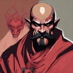 A detailed portrait of a Dungeons & Dragons Way of Shadows monk with red imp features and a cool Mexican mustache