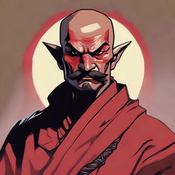 A detailed portrait of a Dungeons & Dragons Way of Shadows monk with red imp features and a cool Mexican mustache