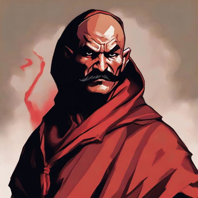 A detailed portrait of a Dungeons & Dragons Way of Shadows monk with red imp features and a cool Mexican mustache