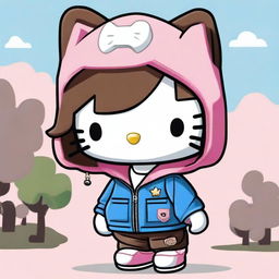 A Hello Kitty character with brown hair and a pink bow, wearing a blue BAPE hoodie with a white tank top underneath, and black parachute cargo pants