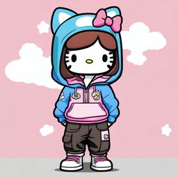 A Hello Kitty character with brown hair and a pink bow, wearing a blue BAPE hoodie with a white tank top underneath, and black parachute cargo pants