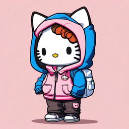 A Hello Kitty character with brown hair and a pink bow, wearing a blue BAPE hoodie with a white tank top underneath, and black parachute cargo pants