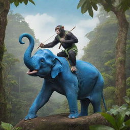 A skillful monkey ninja with a sharp bow, perched atop a gargantuan blue and green elephant against a tropical jungle background.