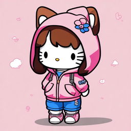 A Hello Kitty character with brown hair and a pink bow, wearing a blue BAPE hoodie with a white tank top underneath, and black parachute cargo pants