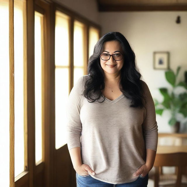 A curvy mature woman with long black hair and glasses, standing inside a house