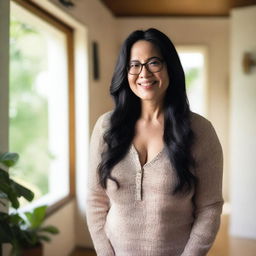 A curvy mature woman with long black hair and glasses, standing inside a house