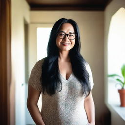 A curvy mature woman with long black hair and glasses, standing inside a house