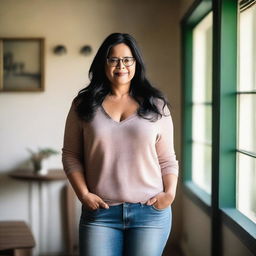 A curvy mature woman with long black hair and glasses, standing inside a house