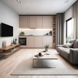 Design an integrated space that includes a kitchen, a dining area, and a living room within a 10 x 7 meters dimension