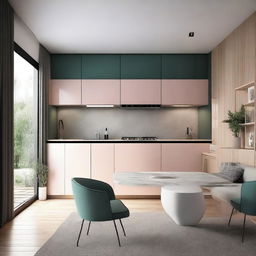 Design an integrated space that includes a kitchen, a dining area, and a living room within a 10 x 7 meters dimension