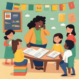 A colorful and engaging illustration of people learning Portuguese language