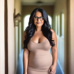 A photo of a curvy mature Latina woman with long black hair and glasses, standing inside a house