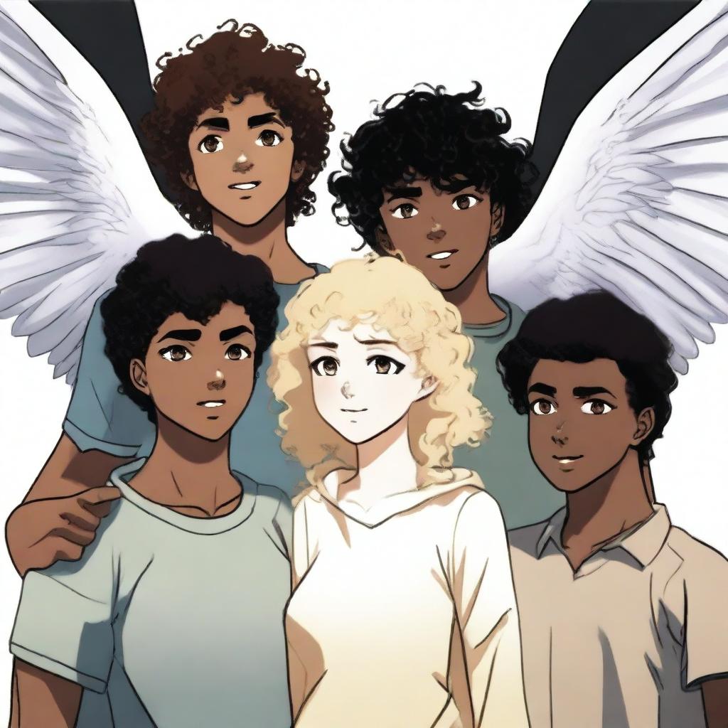 Three teenagers, on one side a blonde woman with white wings, in the middle and slightly in front a dark-skinned boy with curly brown hair, on the other side a boy with black hair and black wings