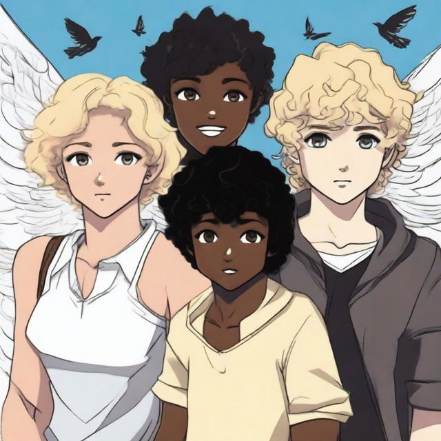 Three teenagers, on one side a blonde woman with white wings, in the middle and slightly in front a dark-skinned boy with curly brown hair, on the other side a boy with black hair and black wings