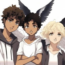 Three teenagers, on one side a blonde woman with white wings, in the middle and slightly in front a dark-skinned boy with curly brown hair, on the other side a boy with black hair and black wings