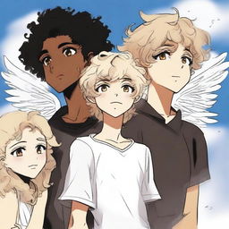 Three teenagers, on one side a blonde woman with white wings, in the middle and slightly in front a dark-skinned boy with curly brown hair, on the other side a boy with black hair and black wings