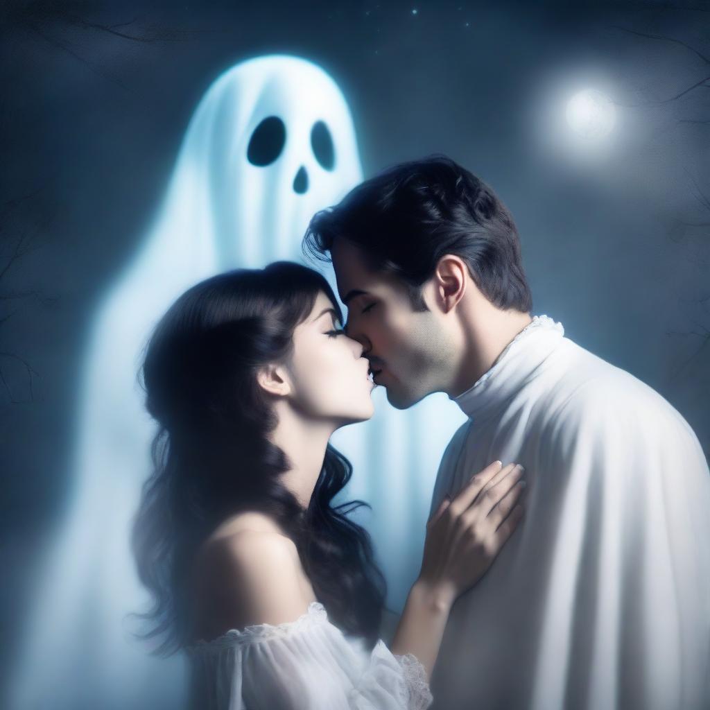 A male ghost gently kissing a brunette female