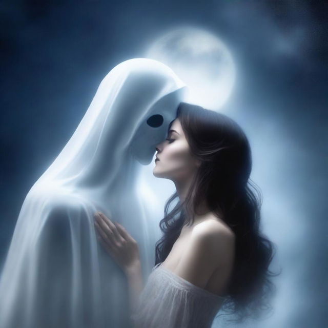 A male ghost gently kissing a brunette female