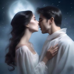 A male ghost gently kissing a brunette female