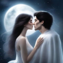 A male ghost gently kissing a brunette female