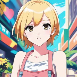 A detailed illustration of an anime girl with blonde short hair