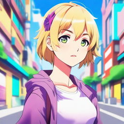 A detailed illustration of an anime girl with blonde short hair