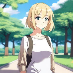 An anime girl with white skin and blonde hair in a shoulder-length haircut, wearing casual clothes