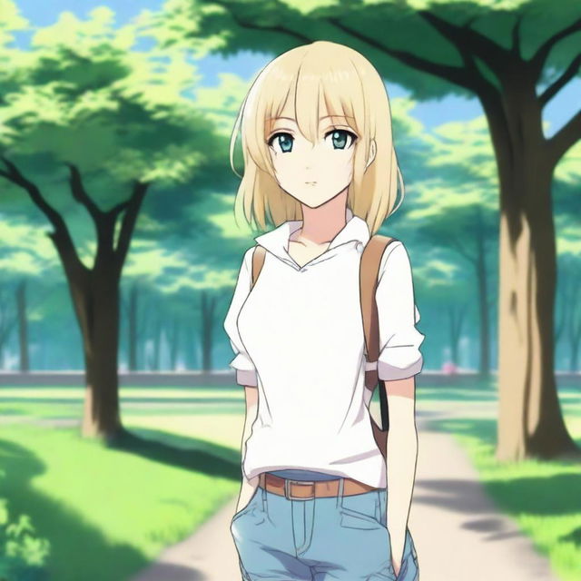 An anime girl with white skin and blonde hair in a shoulder-length haircut, wearing casual clothes