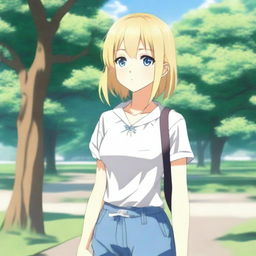 An anime girl with white skin and blonde hair in a shoulder-length haircut, wearing casual clothes