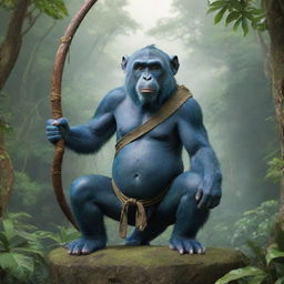 A skillful monkey ninja with a sharp bow, perched atop a gargantuan blue and green elephant against a tropical jungle background.