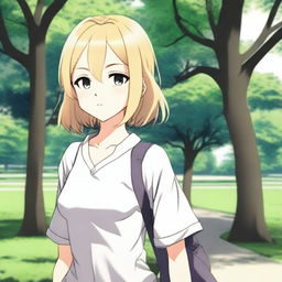 An anime girl with white skin and blonde hair in a shoulder-length haircut, wearing casual clothes