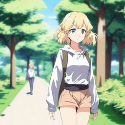 An anime girl with white skin and blonde hair in a shoulder-length haircut with curly edges