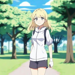 An anime girl with white skin and blonde hair in a shoulder-length haircut with curly edges