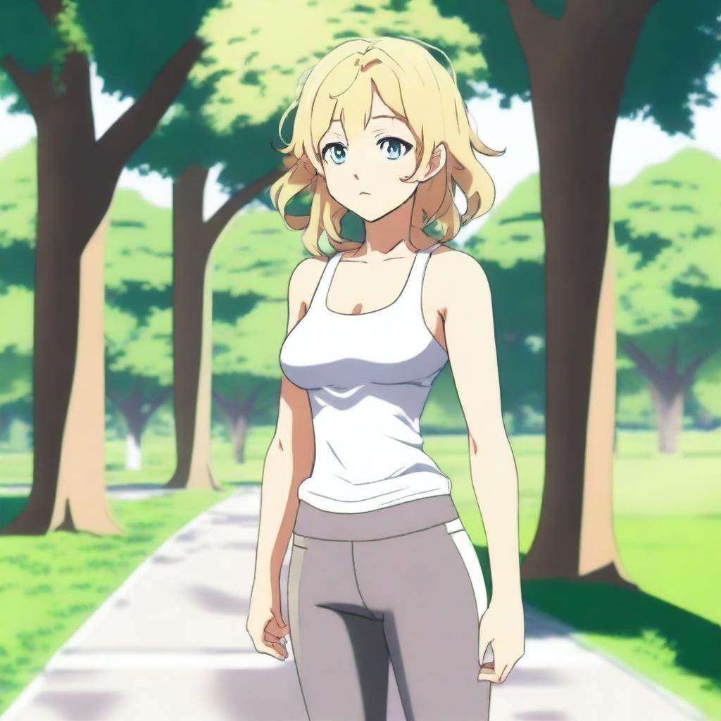 An anime girl with white skin and blonde hair in a shoulder-length haircut with curly edges