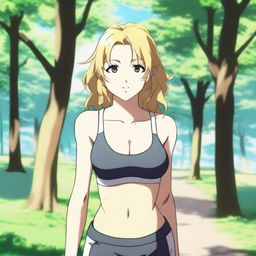 An anime girl with white skin and blonde hair in a shoulder-length haircut with curly edges