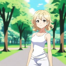 An anime girl with white skin and blonde hair in a shoulder-length haircut with curly edges