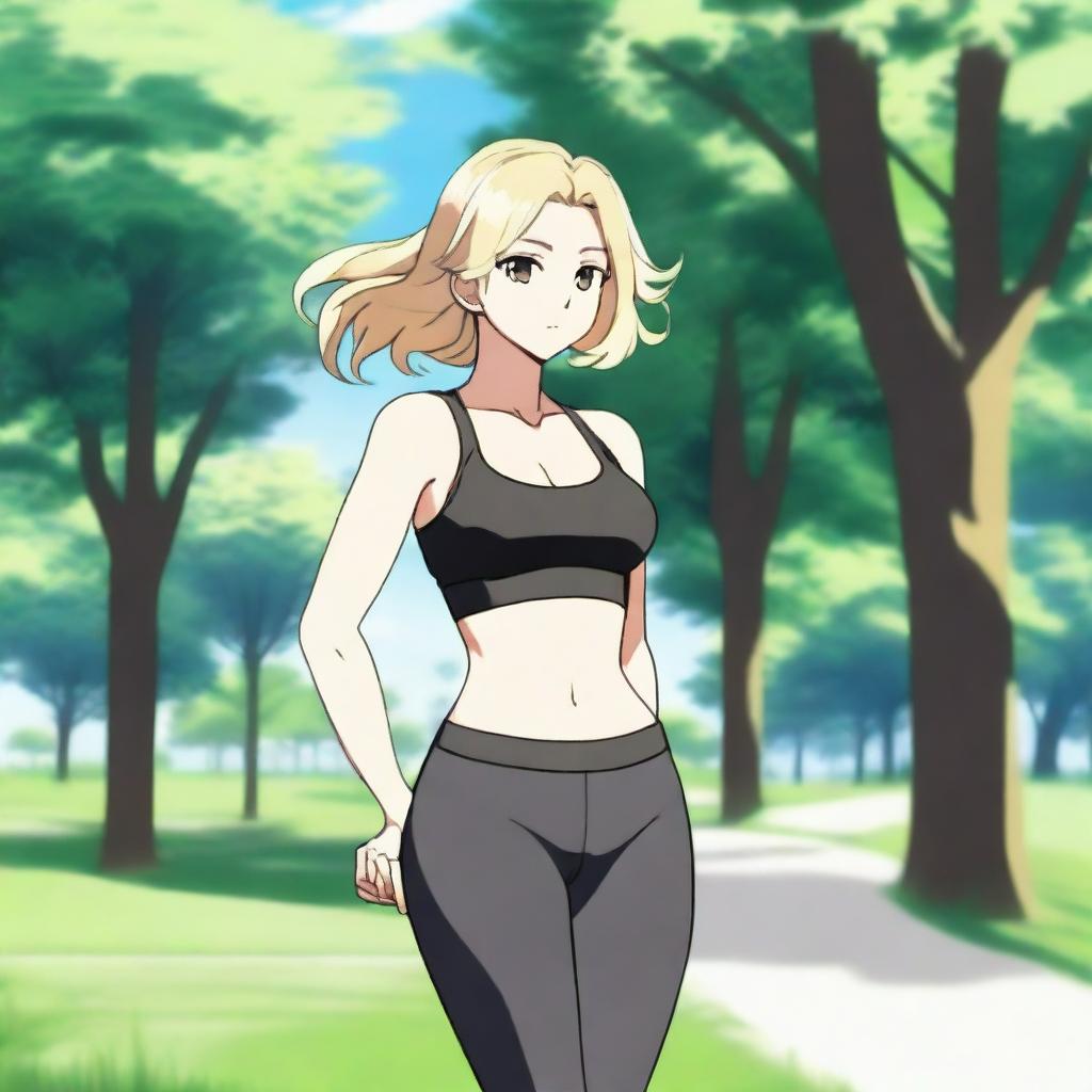 A happy anime girl with white skin and blonde hair in a shoulder-length haircut with curly edges