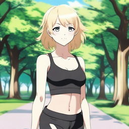 A happy anime girl with white skin and blonde hair in a shoulder-length haircut with curly edges