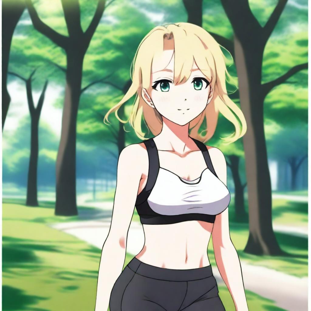 A happy anime girl with white skin and blonde hair in a shoulder-length haircut with curly edges