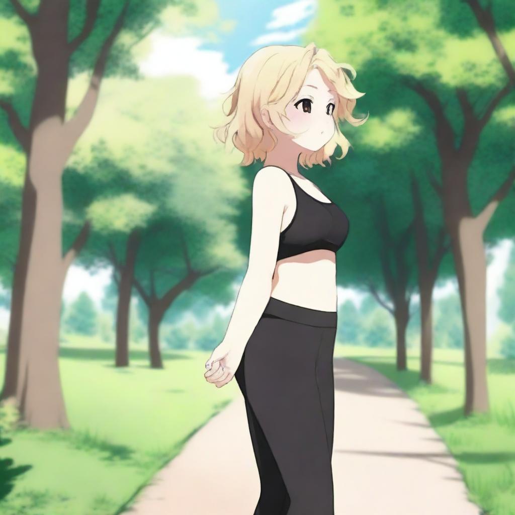 A happy, plump anime girl with white skin and blonde hair in a shoulder-length haircut with curly edges