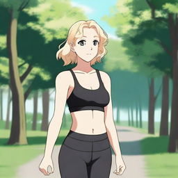 A happy, plump anime girl with white skin and blonde hair in a shoulder-length haircut with curly edges