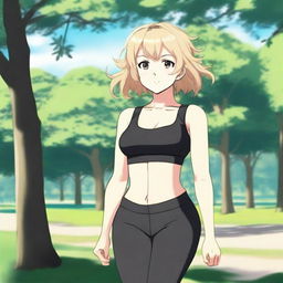 A happy, plump anime girl with white skin and blonde hair in a shoulder-length haircut with curly edges