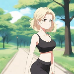 A happy, plump anime girl with white skin and blonde hair in a shoulder-length haircut with curly edges