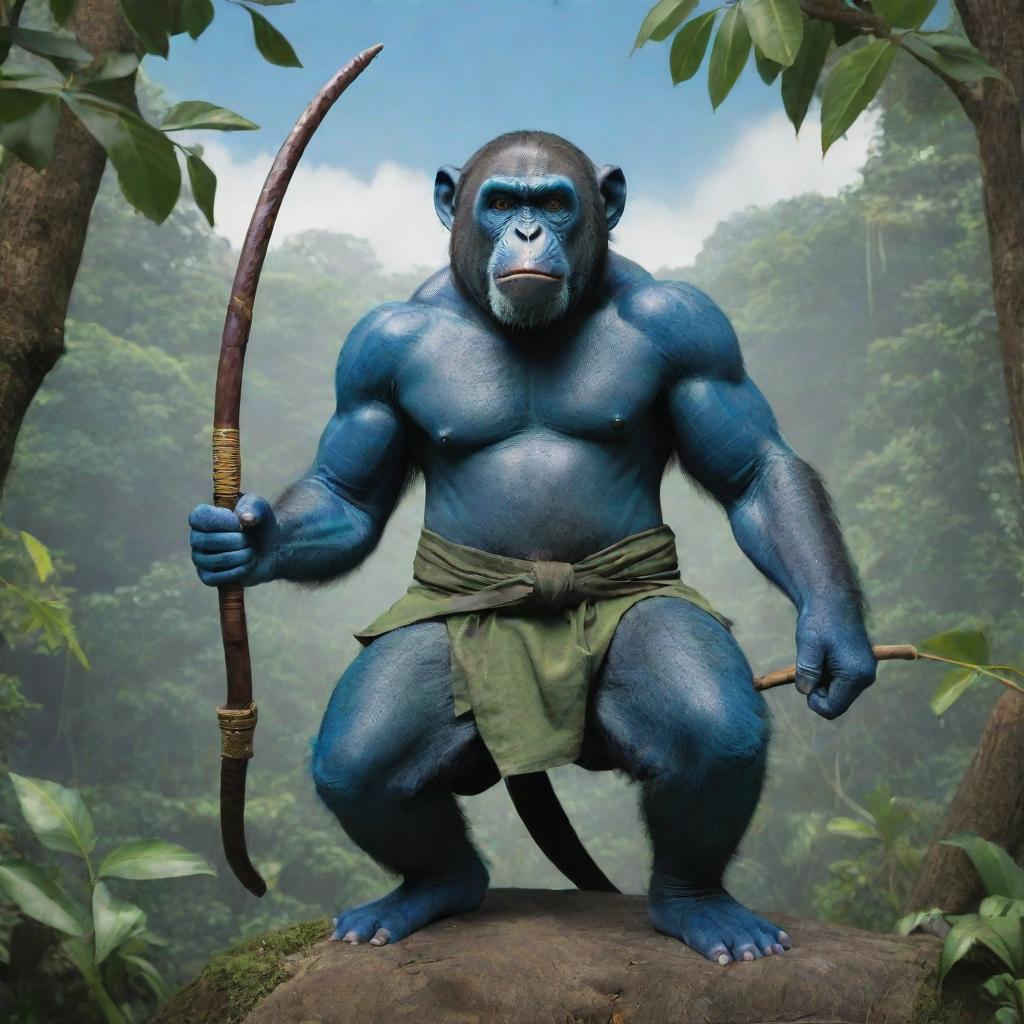 A skillful monkey ninja with a sharp bow, perched atop a gargantuan blue and green elephant against a tropical jungle background.