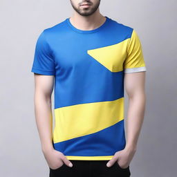 Create a t-shirt design using two different materials, one in yellow and the other in blue