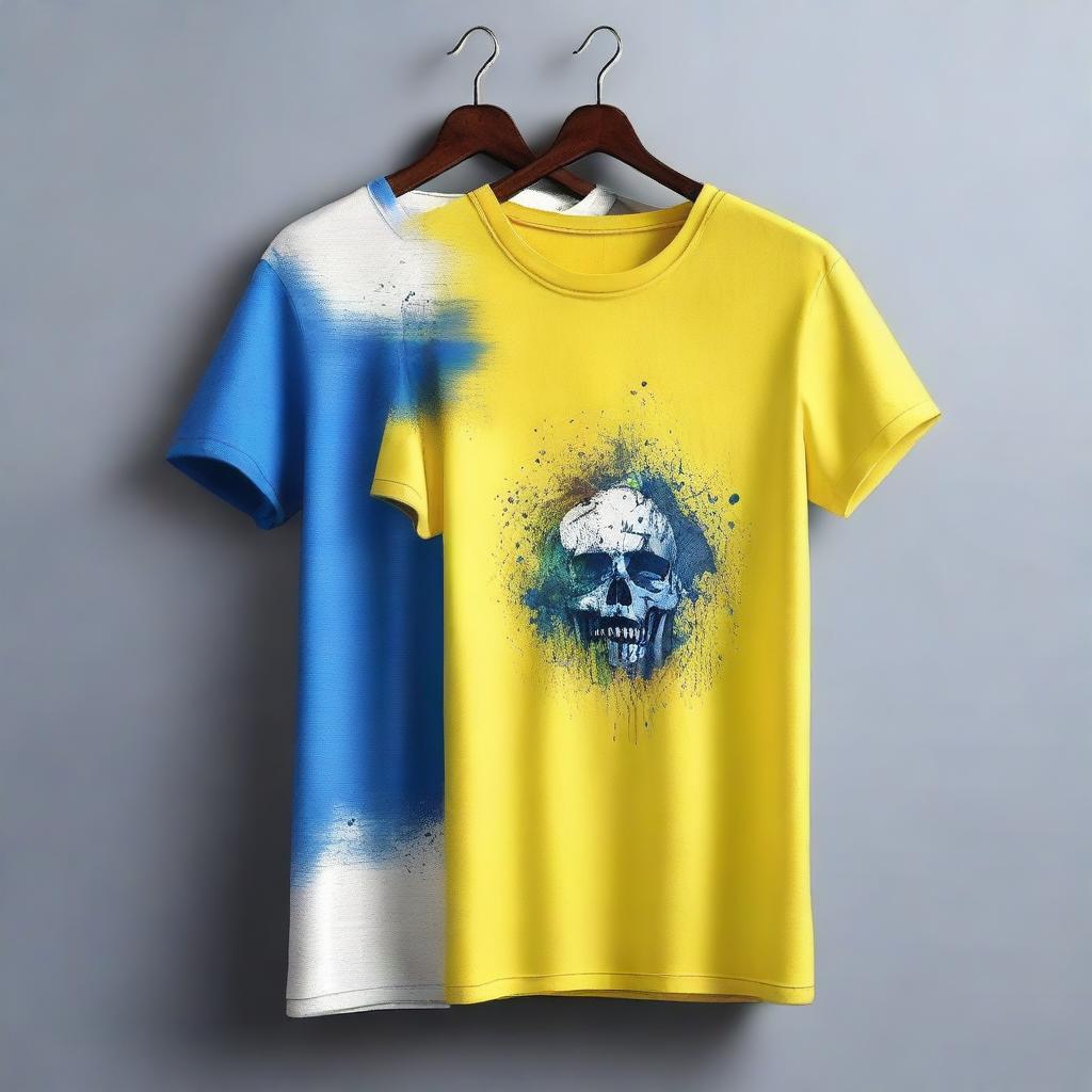 Create a t-shirt design using two different materials, one in yellow and the other in blue